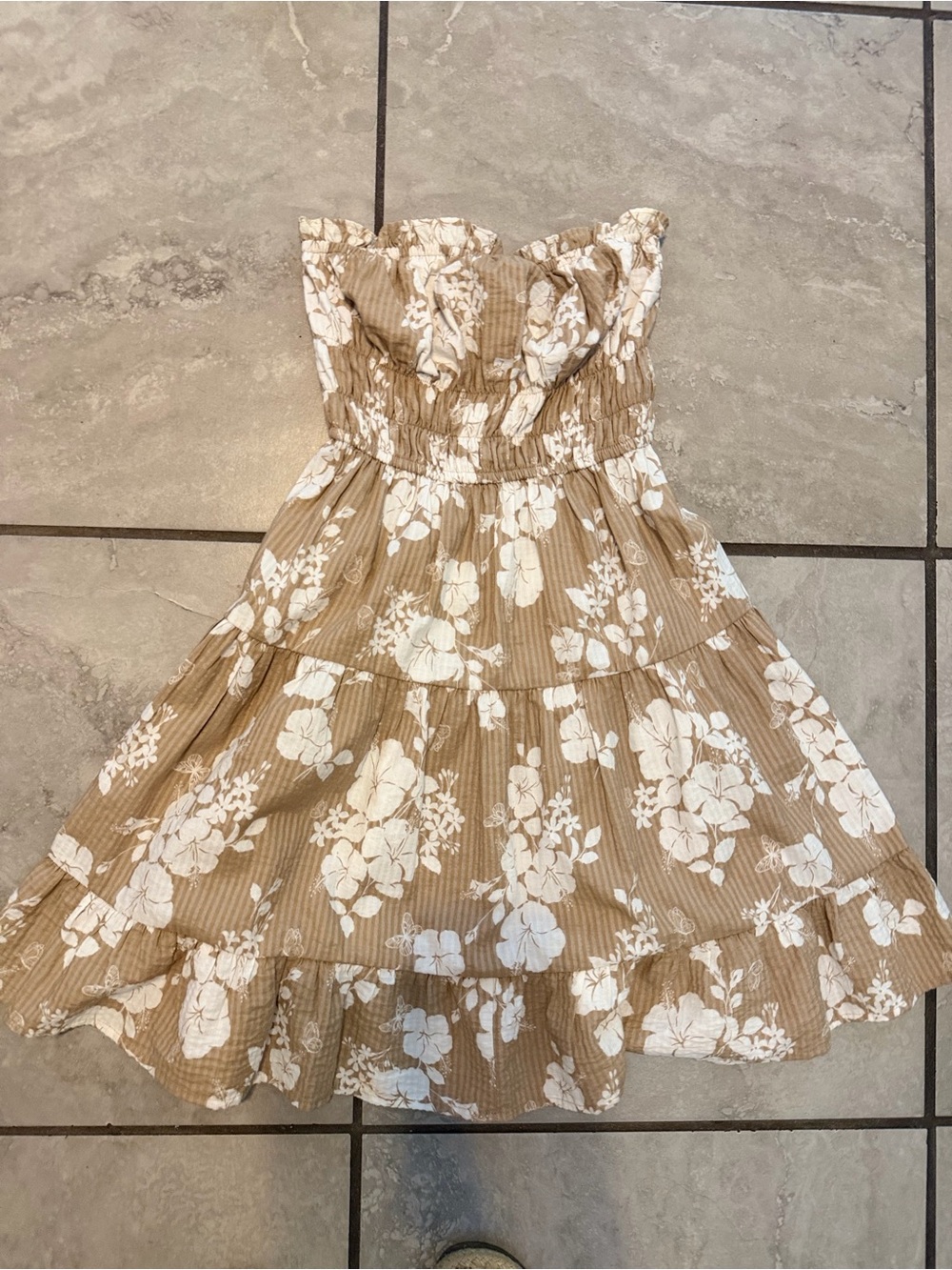 Aeropostale Beige Strapless Floral Tiered Dress